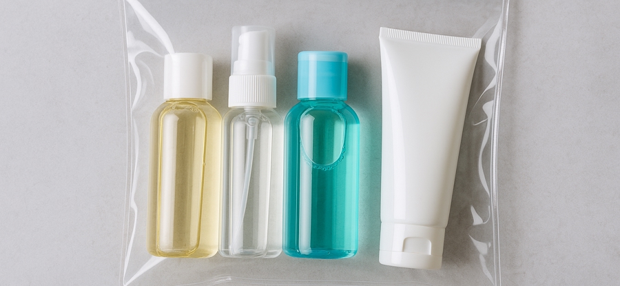 A bag of luquids in travel packaging