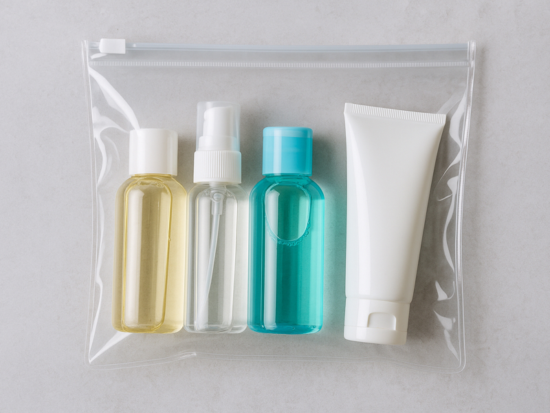 A bag of luquids in travel packaging