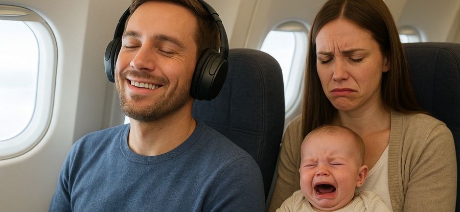 Man with earphones enjoys music while a woman takes care of a crying child