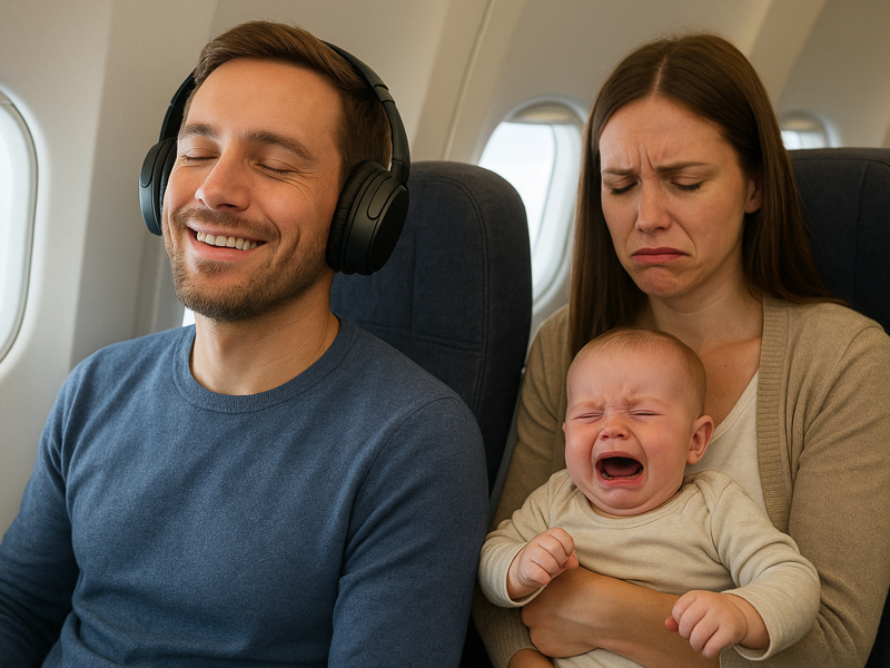 Man with earphones enjoys music while a woman takes care of a crying child