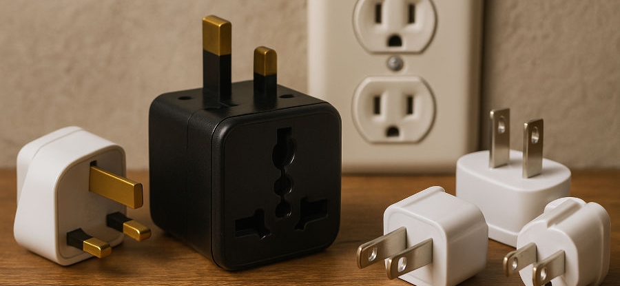 different plugs arranged on a desk
