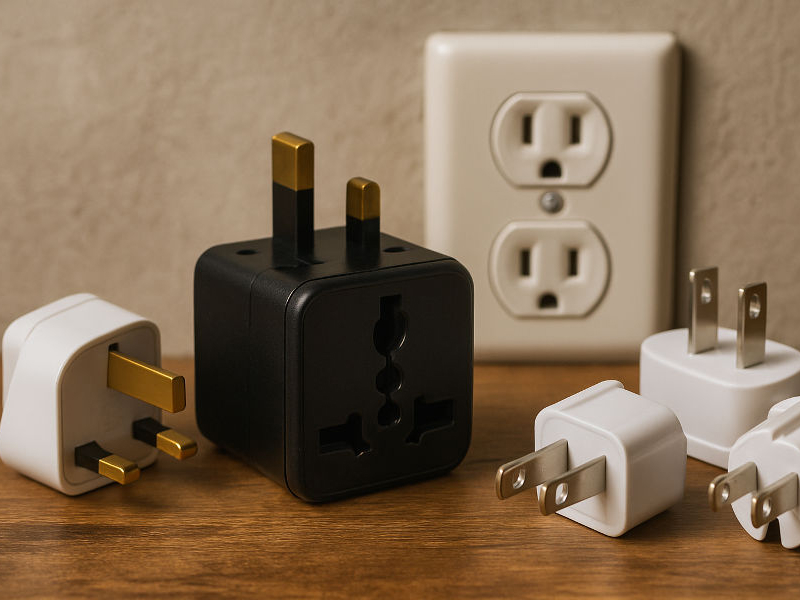 different plugs arranged on a desk