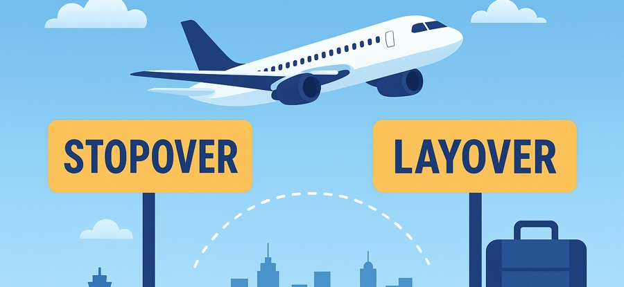 Graphic with stopover and layover signs below a plane